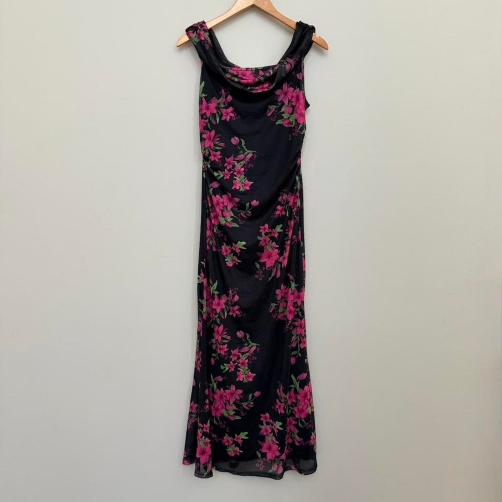 Dark Floral Fairytale Black Pink Maxi Dress Size L Romantic Draped Neck Event - Picture 2 of 8